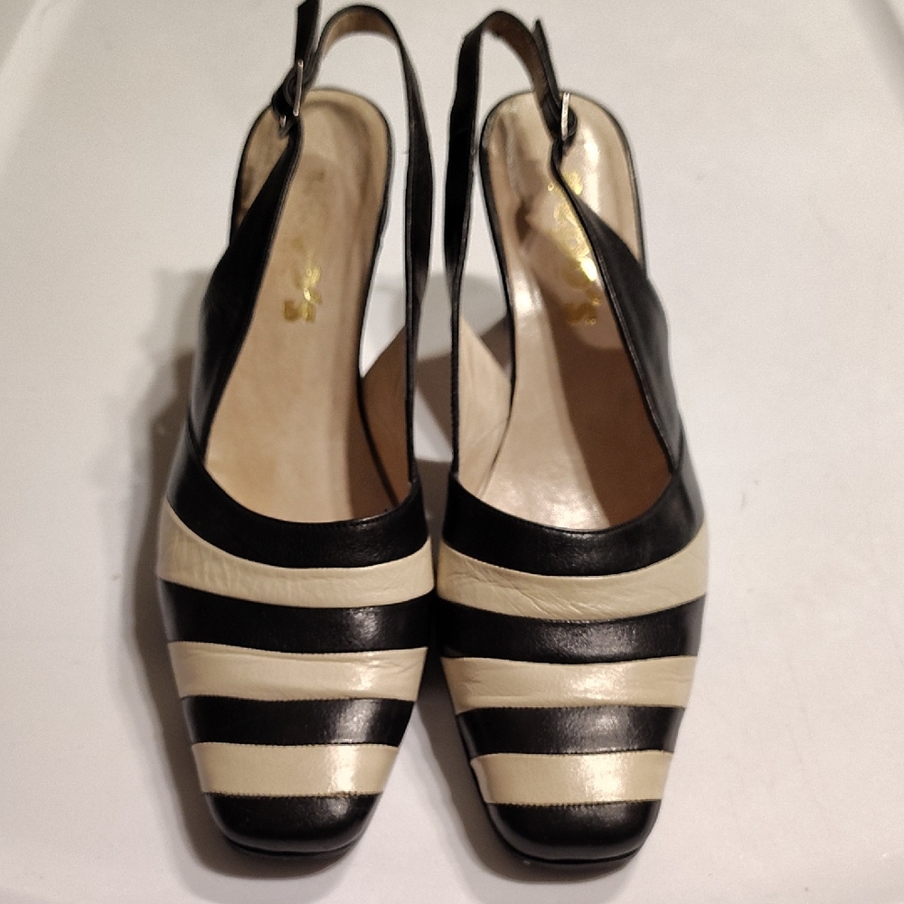 Pepo's Women's Size 9 Chic Black Cream Striped Slingback Heels GYC X